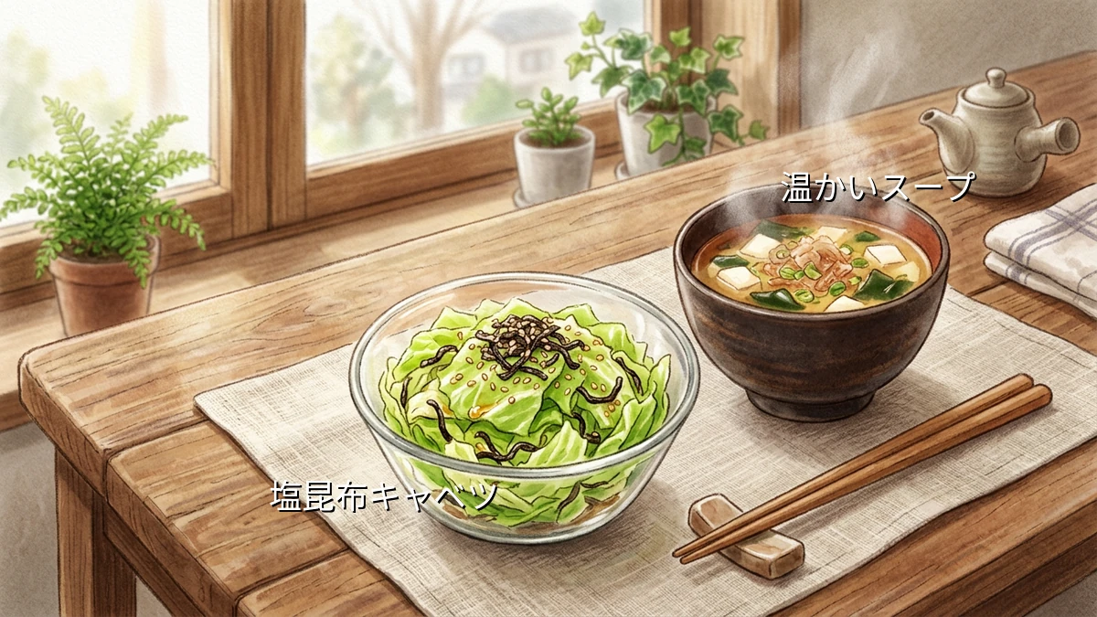 朝寝坊した日でも5分でできるスープの相棒にぴったりな塩昆布キャベツ